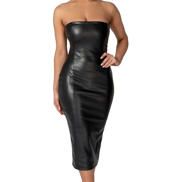 WTXUE Corset Dress, PU Leather Career Off The Shoulder Midi Pencil Dress Elegant Bodycon Backless Split Club Dress, Leather Dress, Black Midi Dress, Black M