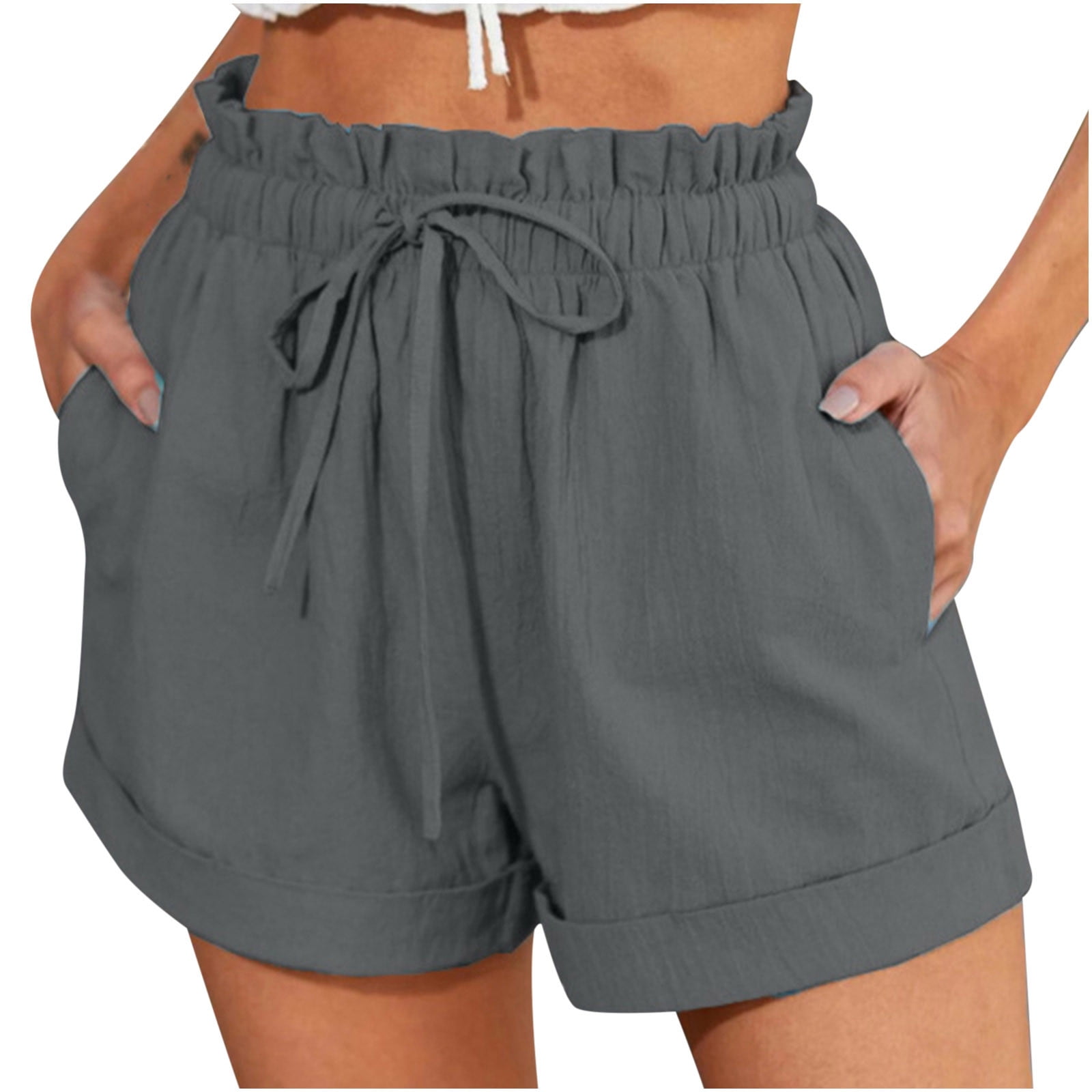 AherBiu Womens Shorts Summer Casual Cotton Linen High Waisted Drawstring Solid Color Loose Cuffed Shorts