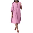 thumbnail image 1 of Ltctricy Robe Chemise pour Femme Grande Taille à Manches Longues, Col Ras du Cou, Demi-Boutonnage, Robe en Coton et Lin, Tunique, Robes Midi avec Poches (Rose, 4X-Grand), 1 of 7