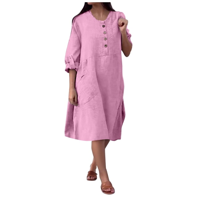 Ltctricy Robe Chemise pour Femme Grande Taille à Manches Longues, Col Ras du Cou, Demi-Boutonnage, Robe en Coton et Lin, Tunique, Robes Midi avec Poches (Rose, 4X-Grand)