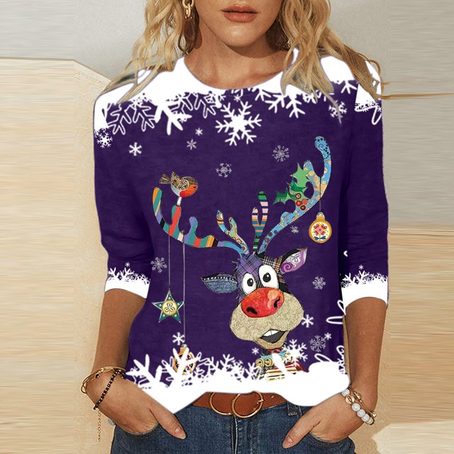 Blouses pour Femmes Imprimé Décontracté Noël Manches Trois Quarts Col Rond Hauts Blouse pour Femmes en Solde