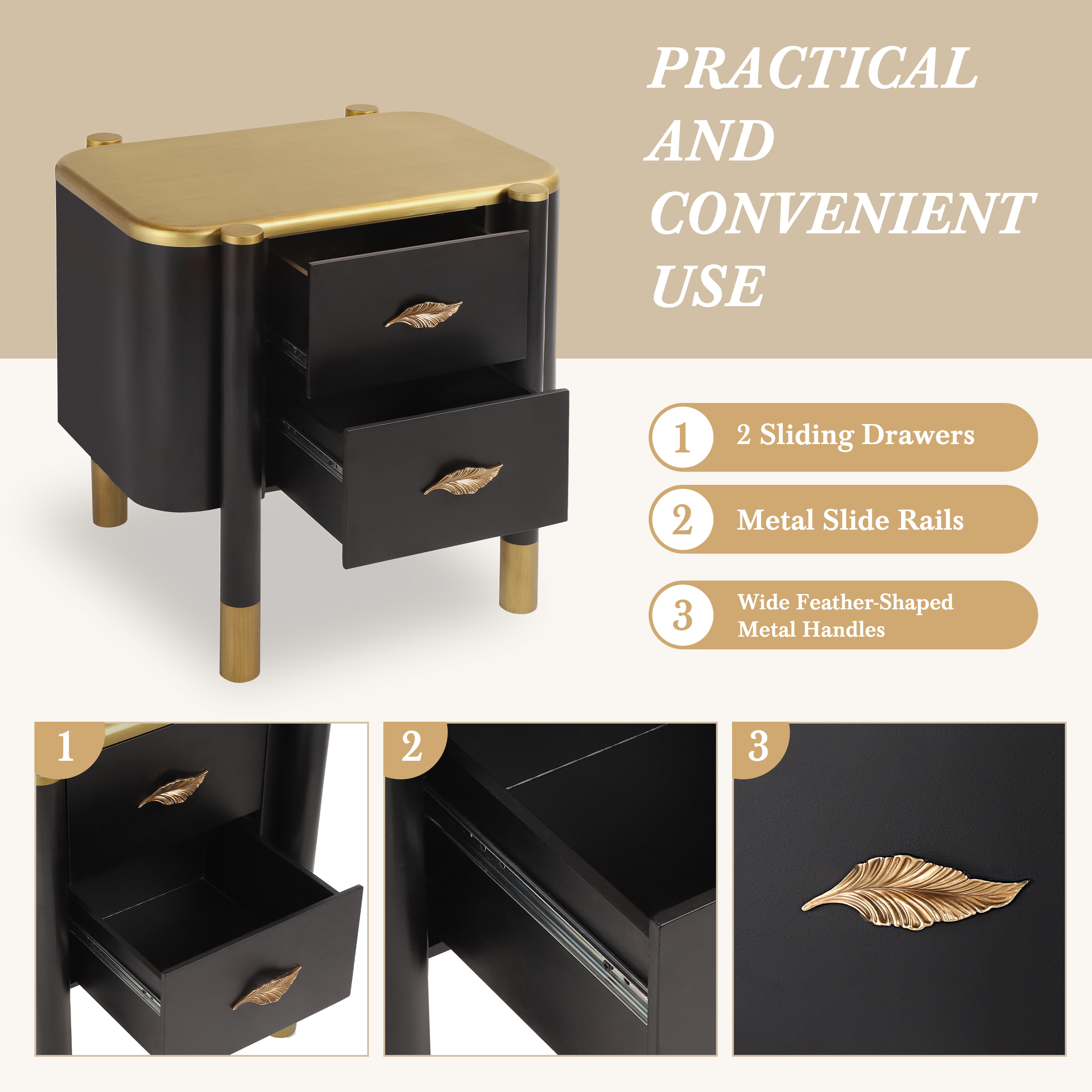 Noble House Contemporary Nightstand with 2 Drawers,Curved Profile Design & Feather-Shaped Metal Handles,for Bedroom,Black
