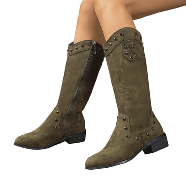 Dakaela Bottes de Cowboy pour Femmes en Suède Hauteur Genou Bottes de Cowgirl d'Équitation Talon Épais à Enfiler Mode Rétro Western Bottes Hautes Vert 6.5