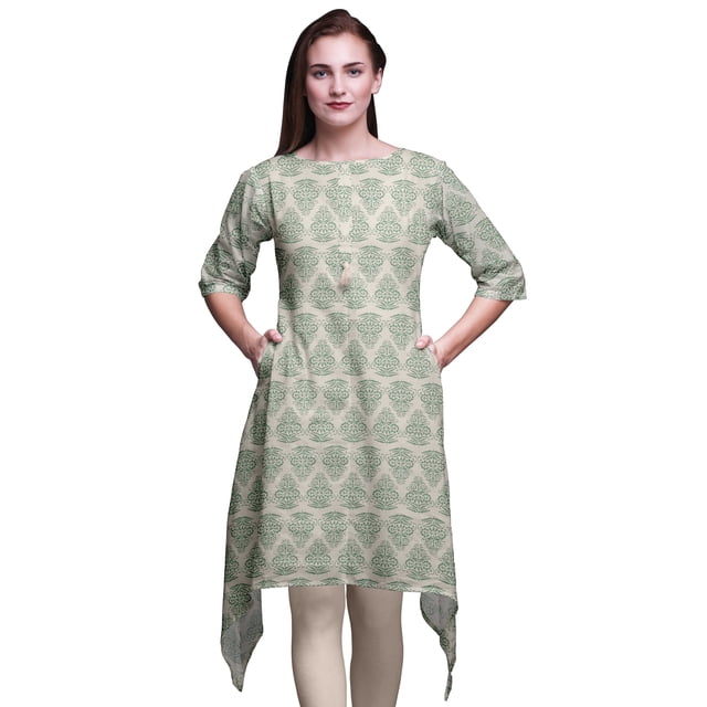 Bimba Kurti Asymétrique Blanche à Imprimé Floral en Blocs pour Femmes Robe d'Été Indienne Tunique Moyen