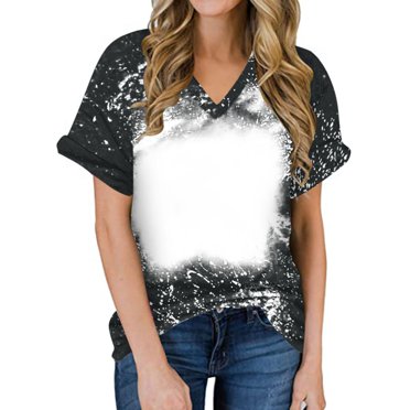 Jsaierl Funny Tie Dye Gradient Tops for Women Rolled Sleeve V Neck Casual Shirts Trendy Novelty Baggy T-Shirts