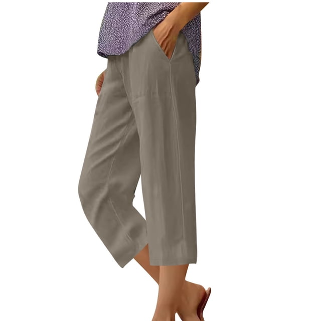 Timegard Capri Pants for Women Cotton Linen Elastic Waisted Ruched Casual Loose Trousers with Pockets
