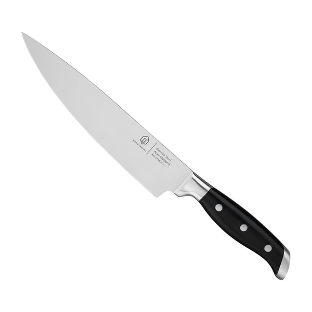 HT 8 inch chef knife with a wide, curved German steel blade that resists corrosion and a black triple-riveted handle designed for comfort and durability, ideal for chopping fruits, vegetables, meat, and finely mincing herbs in Canadian kitchens.