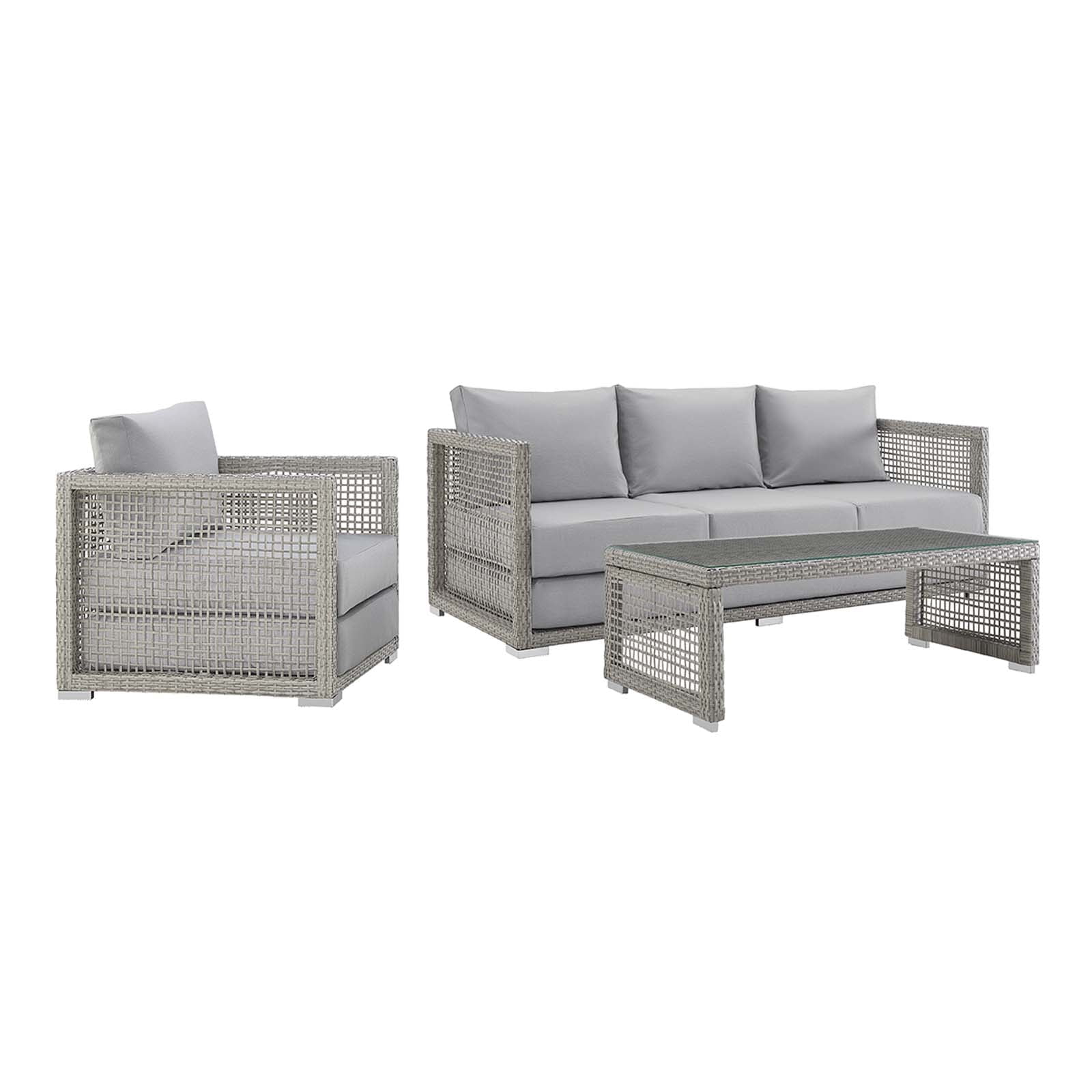 Modway Aura 3-Piece Outdoor Patio Furniture Wicker Rattan Set in Gray Finish
