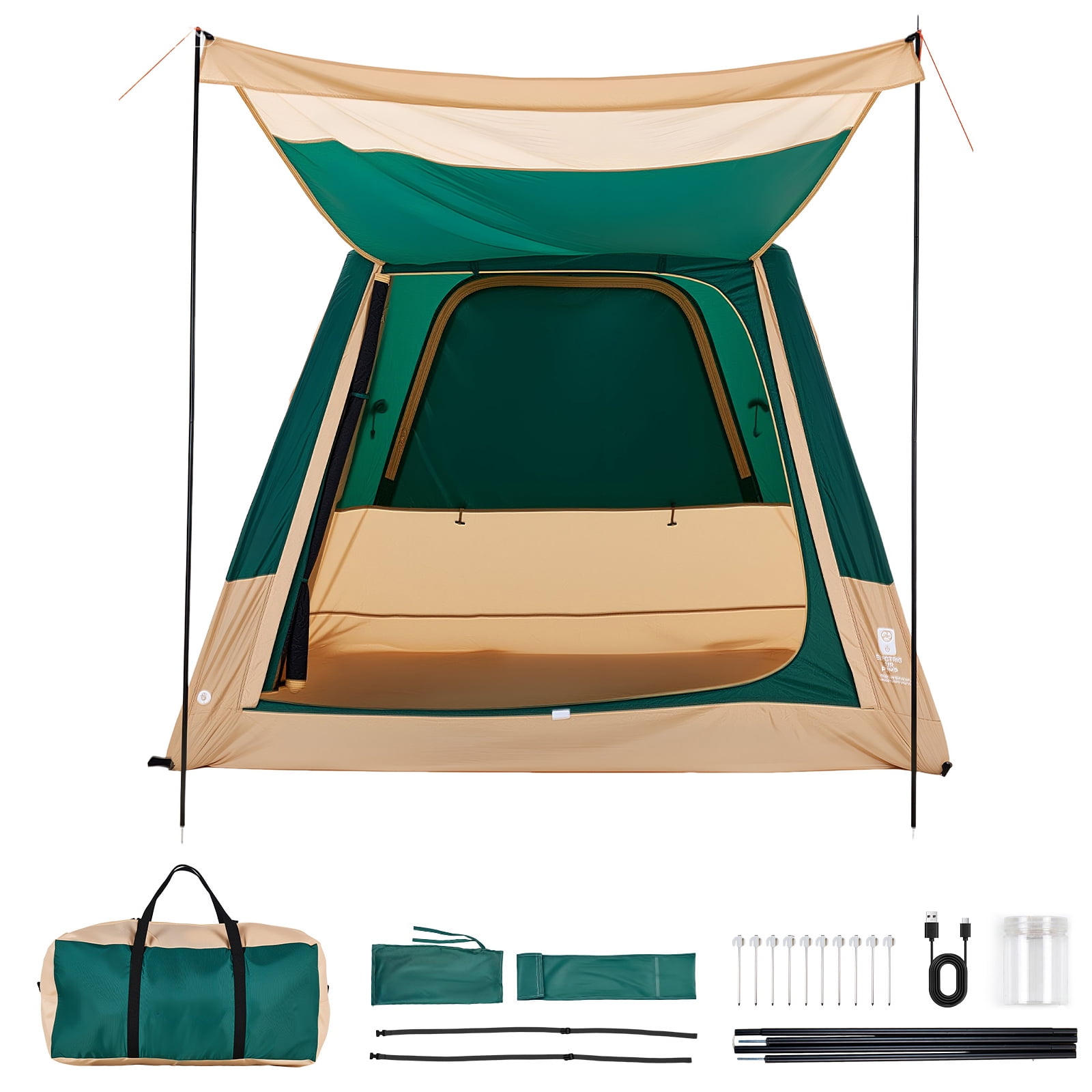 KFFKFF Camping Tent,4 Person Inflatable Cabin Tent with Rechargeable Pump,TPU Air Tube & 5 Large Mesh Windows, Portable Easy Setup Waterproof with Carry Bag for Family Outdoor Camping & Hiking,Green