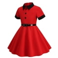 thumbnail image 4 of TopLLC Robe à Manches Courtes Col Rond Robe d'Été Rétro à Taille Nouée avec Boutons Robe Fille, 4 of 5