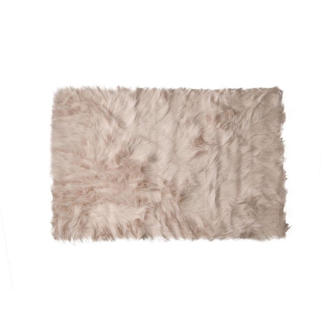 H-Luxe Hudson Faux Fur 2'X3' Rug in soft beige, a rectangular accent rug with thick, plush acrylic pile resembling sheepskin. It has a dense, fluffy texture and microsuede anti-skid backing, suitable for adding warmth and comfort to indoor rooms.