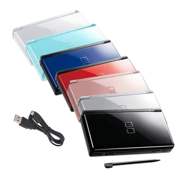 Nintendo DS Lite Handheld Game Console, Random Color (Refurbished) Dual Screen Touch Display, GBA Compatible Refurbished front-facing view of a compact Nintendo DS Lite with two backlit LCD screens, lower touch-sensitive screen, visible D-pad and face buttons, clamshell hinge and cartridge slot; random colored plastic shell; often used for portable retro DS and GBA gameplay or as a collector display piece.