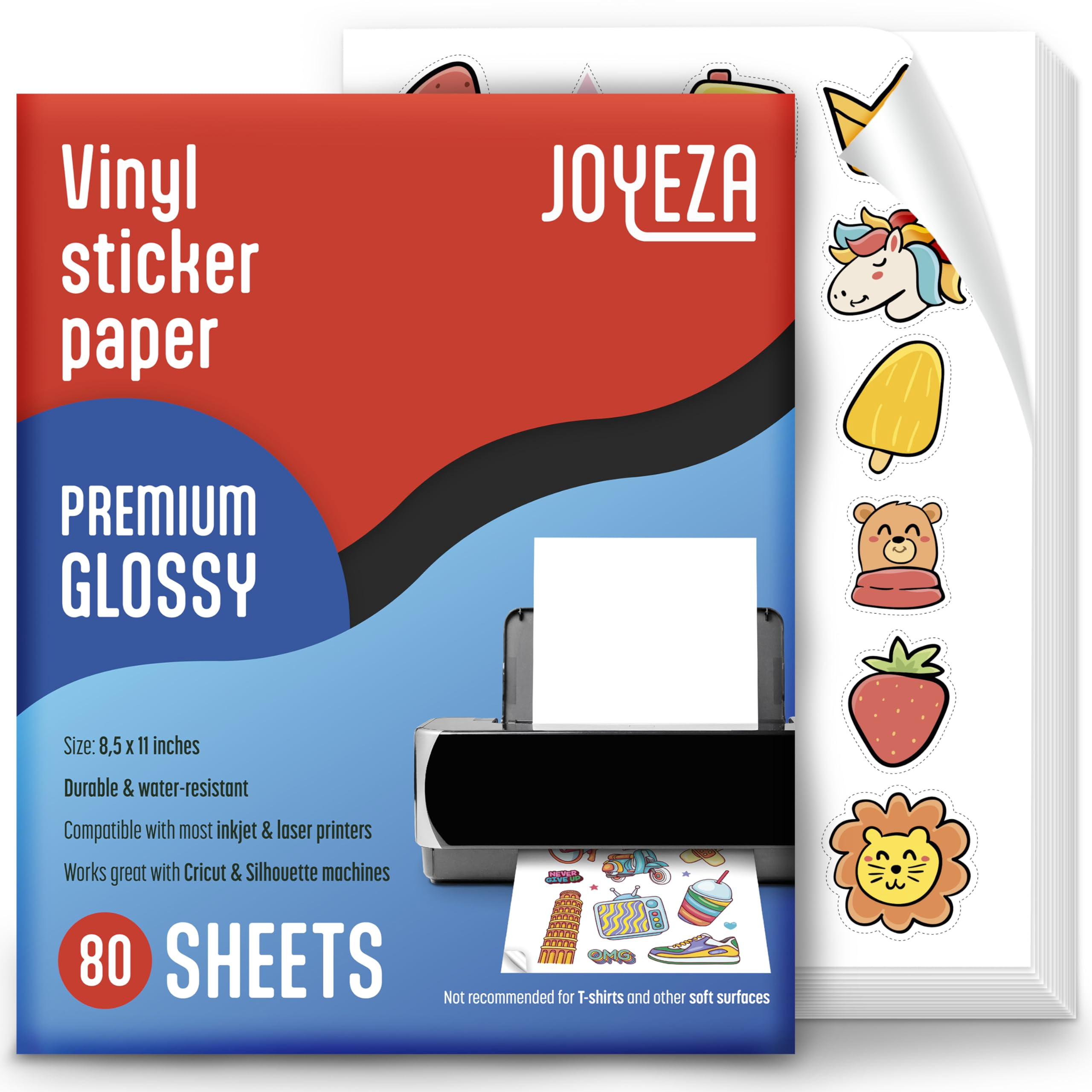 JOYEZA Premium Printable Vinyl Sticker Paper for Inkjet Printer - 80 Sheets Glossy White Waterproof, Dries Quickly Vivid Colors, Holds Ink well - Inkjet & Laser Printer