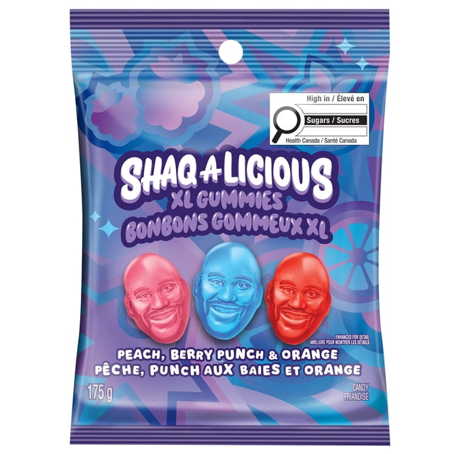 SHAQ-A-LICIOUS XL Gummies candy bag in multicolour packaging featuring peach, berry punch, and orange fruit flavours, 175g size with bilingual English and French text and a Health Canada high sugar content warning label, often used for snacking or adding fruit flavour to desserts.