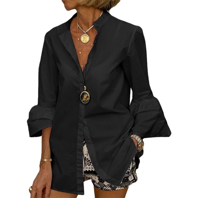 Innerwin Shirts Button Down Women Tops Work V Neck Plain Blouse Black 3XL