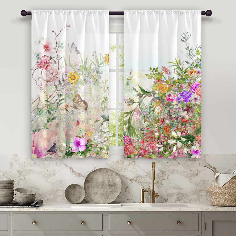 Innerwin Tringle à Rideau Poche Fente Drapé Panneau Rustique Imprimé Floral Aquarelle Court Rideaux Anti-Moisissure Traitement de Fenêtre Style 1 27 Pouces*47 Pouces(70*120cm)*2