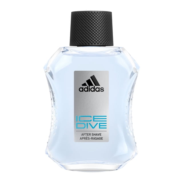 adidas Ice Dive After Shave in a clear 100ml bottle with light blue liquid, textured black cap, and silver label with black adidas logo and blue Ice Dive text, featuring a citrus fragrance ideal for men's grooming and skin refreshment.