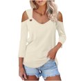 thumbnail image 2 of RXIRUCGD Femmes Solide Manches 3/4 Col en V Chandail Sans Bretelles Hauts Chemises Blouse, Beige, Taille : L, 2 of 6