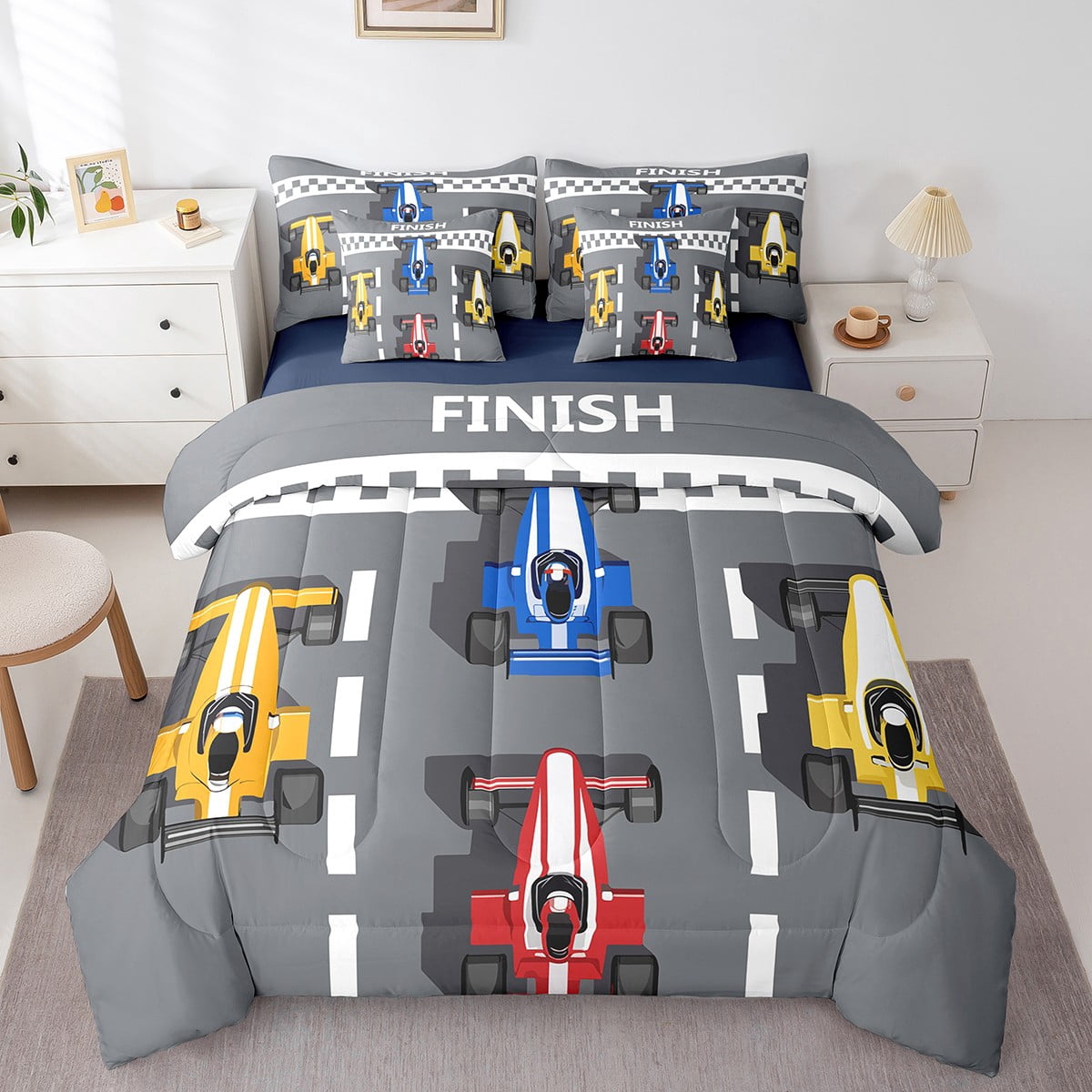 Boys Race Car King Bedding Set 7 Piece Sports Games Comforter Set With Sheets Racing Car Bed In A Bag For Kids Teen Men Speed Sports Car Bed Set Reversible