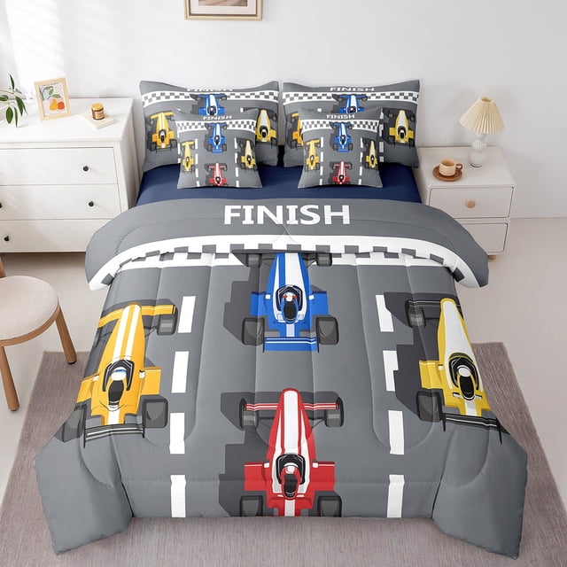 Boys Race Car Twin Bedding Set 7 Piece Sports Games Comforter Set With Sheets Racing Car Bed In A Bag For Kids Teen Men Speed Sports Car Bed Set Reversible