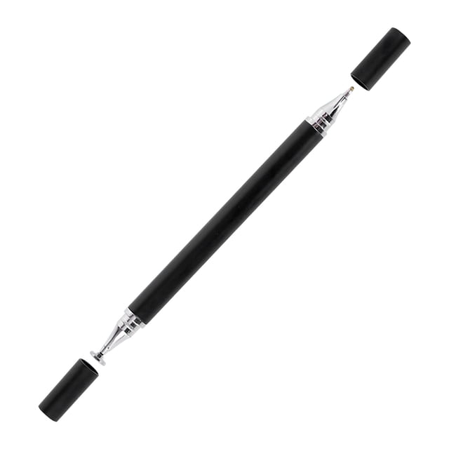 TopLLC Stylus Pens Screens - Capacitive Stylus 2 In 1 Disc/Fiber Tablet Pen Stylus Pencil with Magnetic Cap. A sleek black stylus featuring a dual-tip design with a silicone crystal disc tip on one end and a fiber tip on the other. The pen includes a magnetic cap for protection and is compatible with all capacitive screen devices. Ideal for drawing, scrolling, and note-taking without scratching the screen. Lightweight and ergonomic with a flat side for stability.