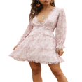 thumbnail image 3 of Women Printed Pattern Dress  Long Sleeve Deep V-neck Multiple Layer One-piece  S/ M/ L/ XL, 3 of 7