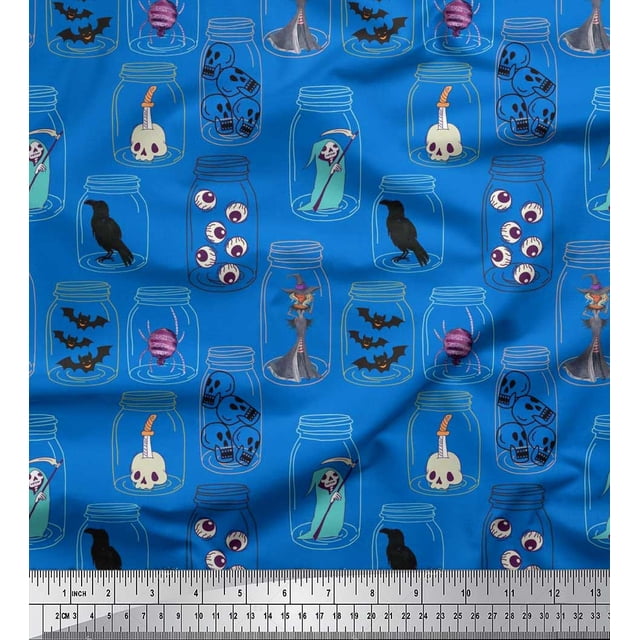 Soimoi Polyester Crepe Fabric Ghost,Skull & Witch Halloween Decor Fabric Printed Yard 52 Inch Wide