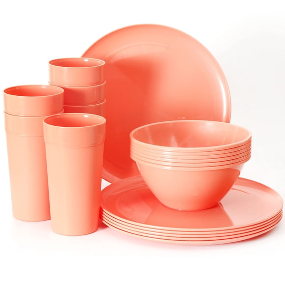 Youngever Ensemble de Vaisselle de Cuisine en Plastique de 18 Pcs, Assiettes, Plats, Bols, Tasses, Service pour 6 (Pêche)