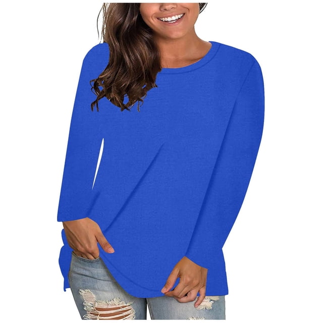 Long Sleeve Tops for Women Solid Color Casual Crew Neck T Shirts Fall Winter Basic Tees