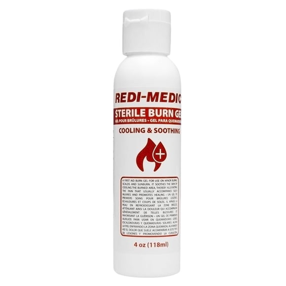 Redi-Medic Sterile Burn Gel 4 oz (118ml) Squeeze Bottle, Cooling & Soothing. Use for Sunburns, Scalds, First Aid. Made in Canada.