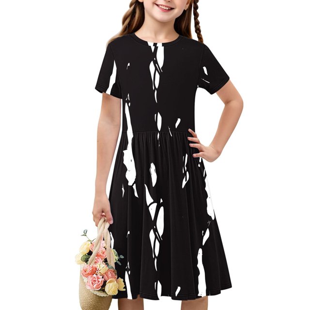 Liquidation Aujourd'hui Iumwxz Robe Décontractée Trapèze Robe Tunique pour Adolescentes Robe Col Rond Imprimé à Rayures Manches Courtes Robes pour Adolescentes Robe Confortable pour Aller à l'École 4-14 Ans
