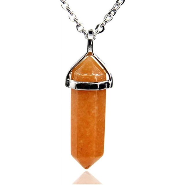 Collier Pendentif Reiki Chakra Hexagonal à Pointe Pointue en Aventurine Orange 18 Pouces