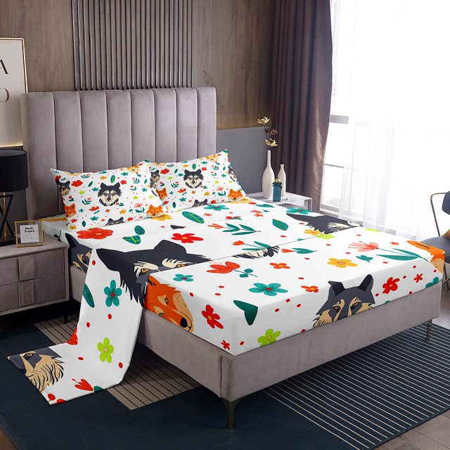 YST Wolf Sheets Boho Wolves Animal Queen Bed Sheets Set For Girls Kids Cute Flower Animal Sheet Set, Wild Animal Top Fitted Sheet Botanical Flower Pattern 3D Bedding Set With 2 Pillowcases