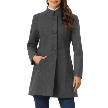 INSPIRE CHIC Manteau d'Hiver pour Femme à Col Montant, à Simple Boutonnage, Long Mi-Cuisse, Gris Foncé, TG