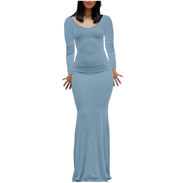 YFELWZ Robe Longue Dos Nu à Manches Longues Aguichant Col en V pour Femmes Grande Taille Bleu TG