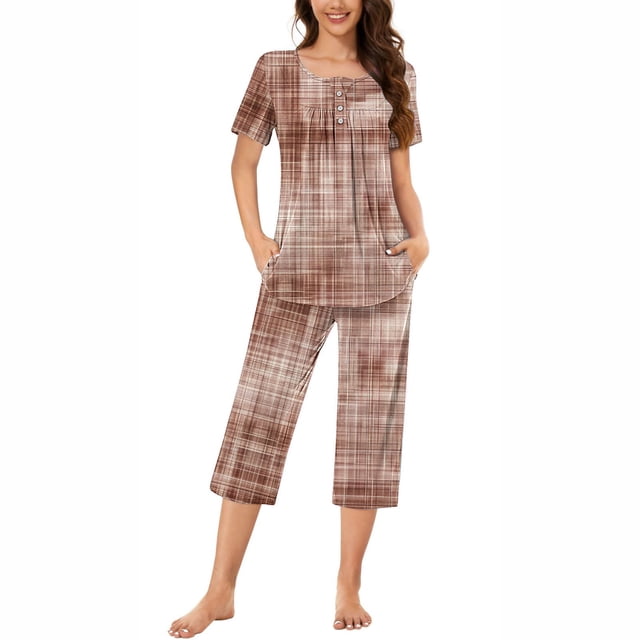 Rbaofujie Pyjama d'Automne pour Femmes, T-Shirt à Col Rond Imprimé à Manches Courtes et Ensemble de Pantalon, Tenue de Détente, Pyjama avec Poches, Ensemble de Pyjama pour Femmes