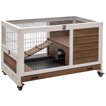 PawHut Clapier Intérieur en Bois pour Lapin sur Roulettes avec Enclos, Brun