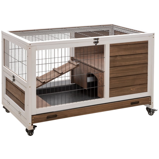 PawHut Clapier Intérieur en Bois pour Lapin sur Roues avec Enclos, Brun. un habitat pour Petit animal en Bois de Sapin durable avec Revêtement à Base d'Eau, Doté de Panneaux en Treillis Métallique pour la ventilation et d'Une Rampe Antidérapante Reliant L'Aire de Vie à l' Enclos. Comprend un Plateau Coulissant Amovible pour un Nettoyage Facile, des Portes Verrouillables et un Toit Ouvrant pour un Accès Rapide. Conçu avec Quatre Roues, Deux avec Freins, pour la Mobilité et la Stabilité. Idéal pour les Lapins, les Cochons d'Inde et