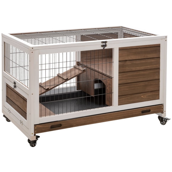 PawHut Wooden Indoor Rabbit Hutch on Wheels with Run, Brown