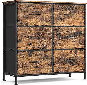 SONGMICS Dresser for Bedroom, Chest of Drawers, Steel, MDF, 6 Non-Woven Fabric Drawers, Storage Organizer Unit, Closet, Entryway, Rustic Brown and Ink Black