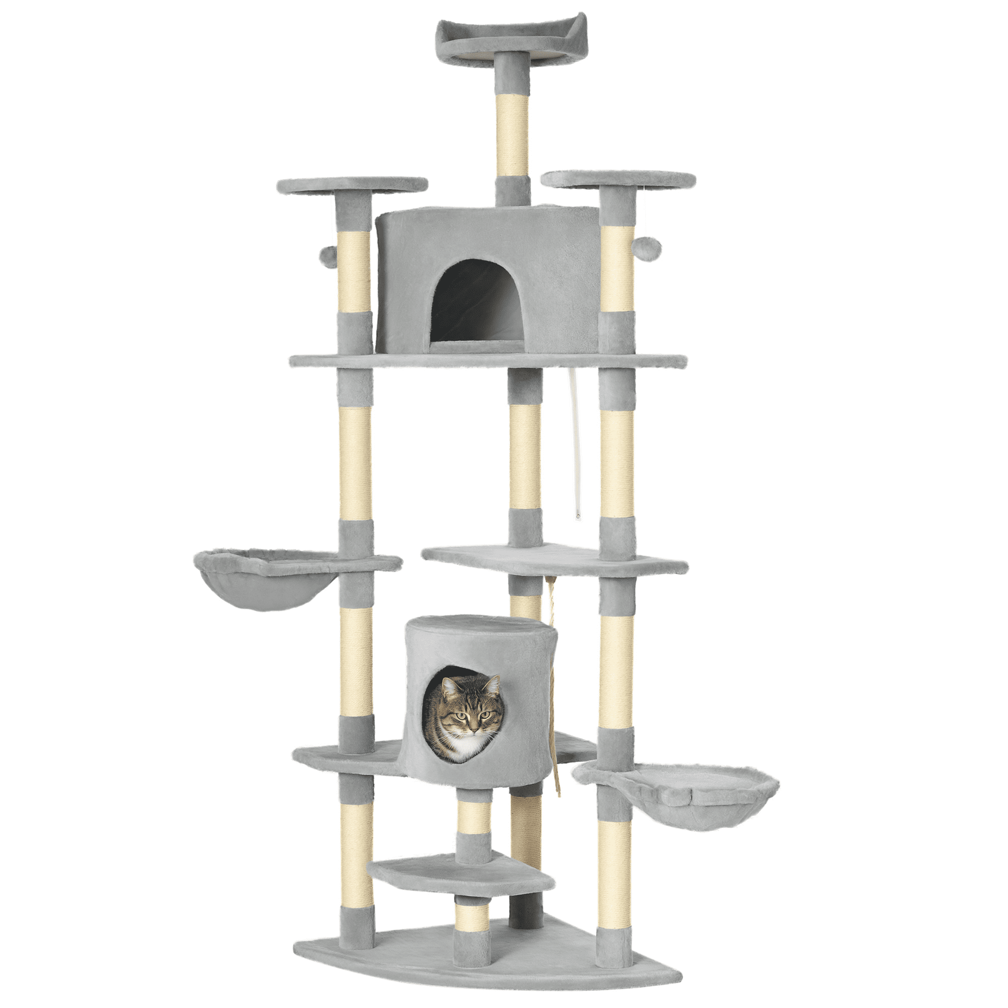 79" Tall Cat Tree Condo with Scratching Posts & Toys - Light Grey Multi-Level Activity Center for Indoor Cats - Sturdy Bamboo & Plush Design for Living Room or Bedroom