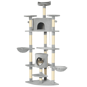 79" Condo d'arbre de chat haut avec des poteaux de scratching & Jouets - Centre d'activités multiniveaux gris clair pour les chats d'intérieur - Bambou robuste & Design en peluche pour salon ou chambre à coucher