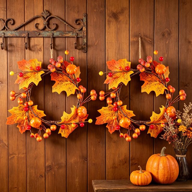 Vacemry Fall Pumpkin Berry Maple Leaf Wreath, Mini Artificial Autumn Garland for Door Hanging Tabletop Fireplace Mantel Thanksgiving Home Dining Decor