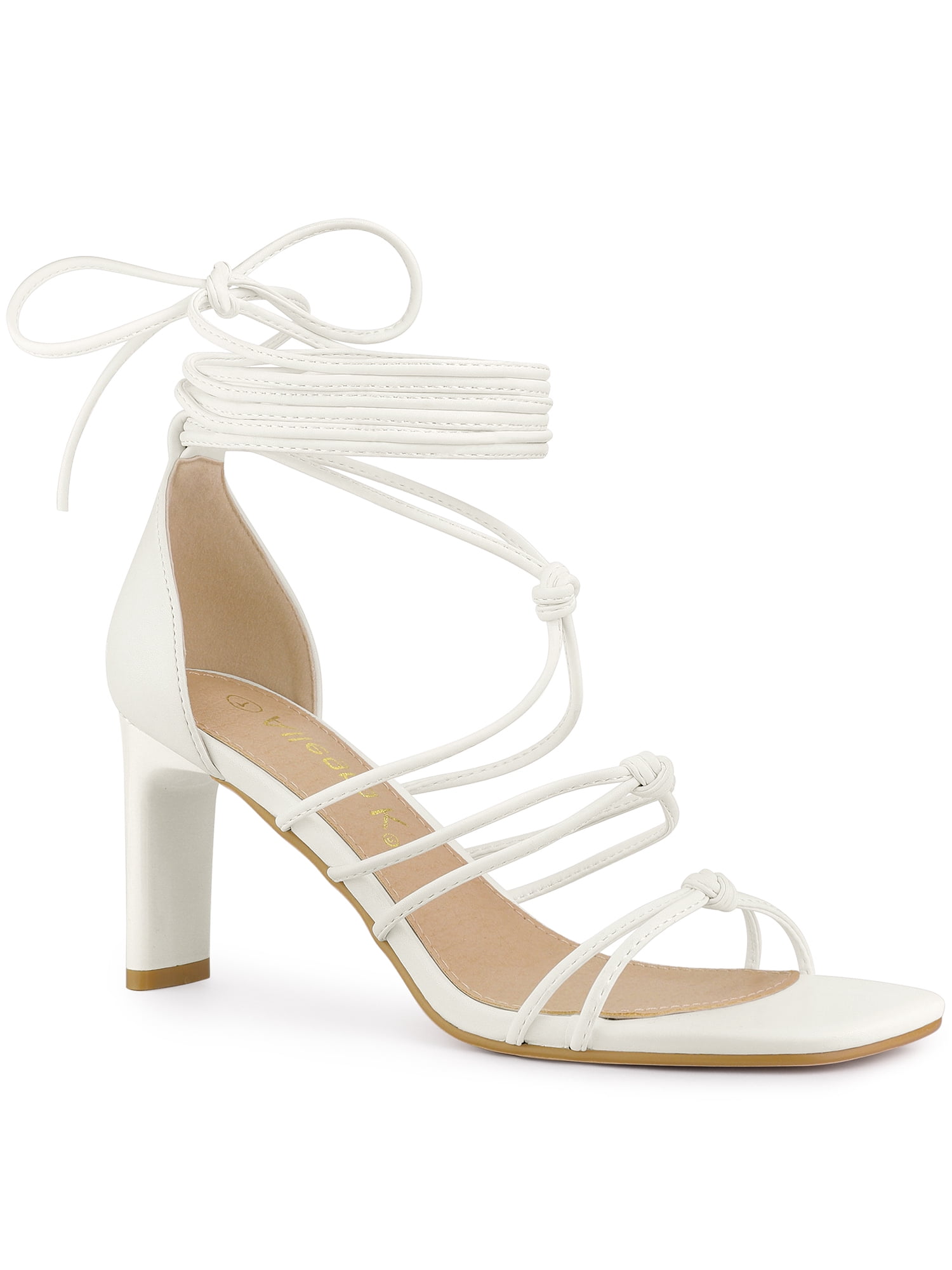BLISSFUL STEP Sandales à Talons Hauts Blocs à Lacets à Brides pour Femmes Blanc 7