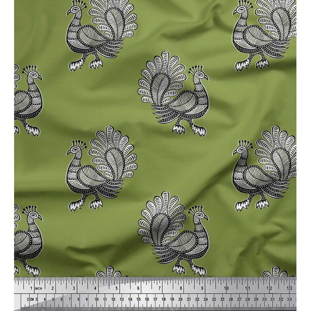 Soimoi Rayon Crepe Fabric Peacock Block Print Fabric by The Yard 46 Inch Wide