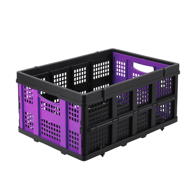 Bingirl Purple 55L Collapsible Plastic Milk Crate with Side Handles, Heavy - Duty, Stackable, for Food, Drinks, Books and Tools