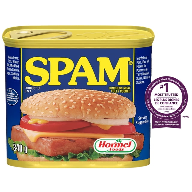 SPAM Fully Cooked Luncheon Meat 340 g can with blue and yellow label showing a sandwich with lettuce, tomato, cheese, and sesame seed bun as serving suggestion, branded Hormel Foods, featuring product ingredients and a Canadian #1 Most Trusted award badge.