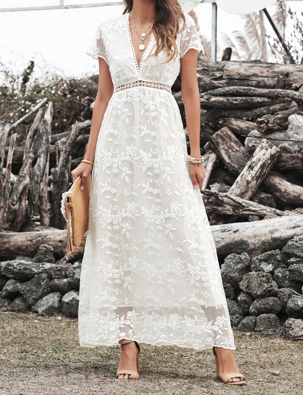 Robe Maxi en Dentelle Blanche à Col en V pour Femme