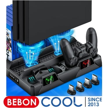 Support de Manette PS4 Ventilateur de Refroidissement avec Station de Charge Double pour Manette pour PS4 Slim/PS4 Pro/PlayStation 4, Support Vertical PS4 Pro Refroidisseur Accessoires et Rangement pour 16 Jeux Noir
