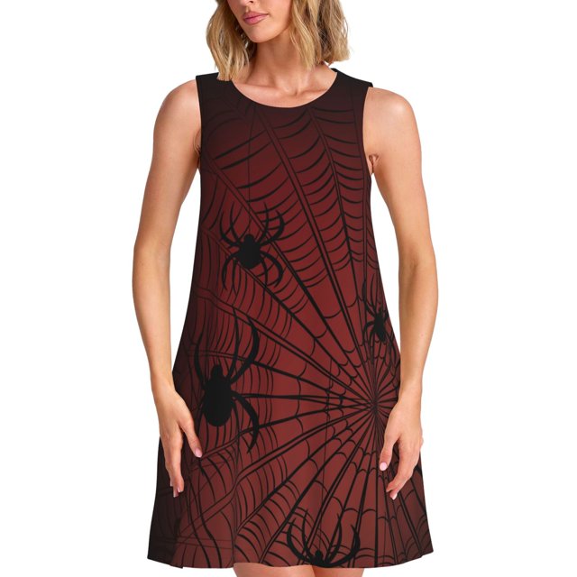 Xecao Araignées sur une Toile pour Robes d'Été pour Femmes Robes Décontractées de Plage Couvre-Maillots Robe T-Shirt Sans Manches Évasée avec Poches